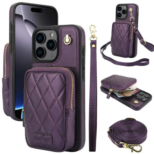 For iPhone 16 Pro AwQuer Crossbody Zipper Wallet Bag Litchi Leather Phone Case(Dark Purple) by Awquer