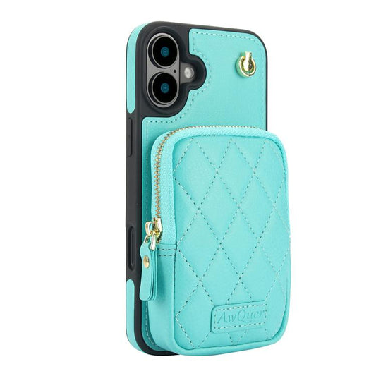 For iPhone 16 Plus AwQuer Crossbody Zipper Wallet Bag Litchi Leather Phone Case(Mint Green) by Awquer