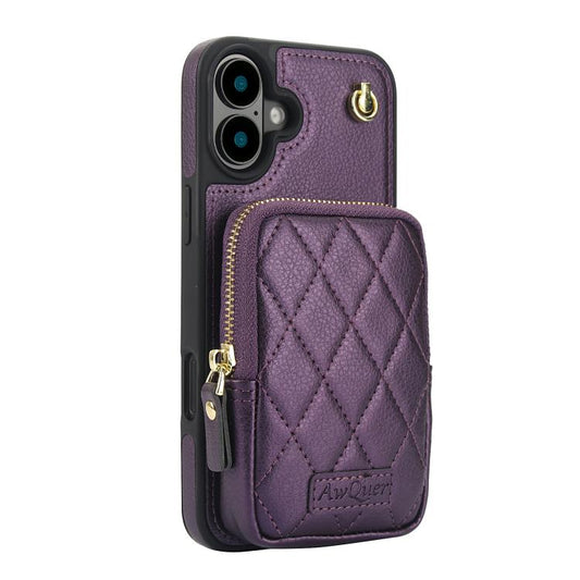 For iPhone 16 Plus AwQuer Crossbody Zipper Wallet Bag Litchi Leather Phone Case(Dark Purple) by Awquer