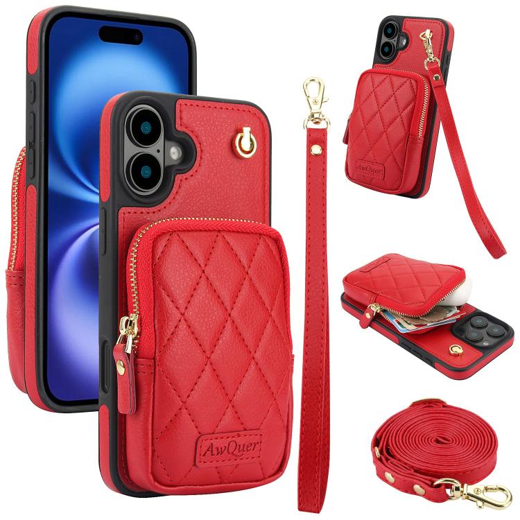 For iPhone 16 AwQuer Crossbody Zipper Wallet Bag Litchi Leather Phone Case(Red) by Awquer