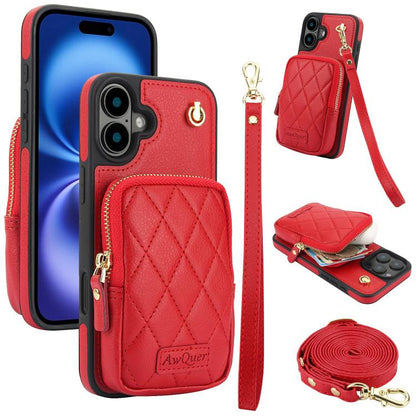 For iPhone 16 AwQuer Crossbody Zipper Wallet Bag Litchi Leather Phone Case(Red) by Awquer