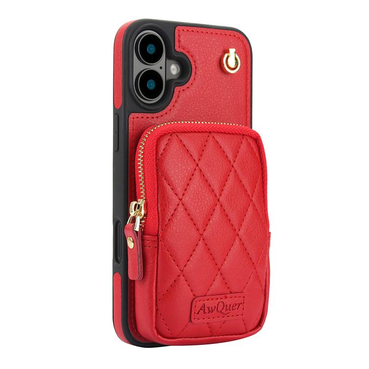 For iPhone 16 AwQuer Crossbody Zipper Wallet Bag Litchi Leather Phone Case(Red) by Awquer