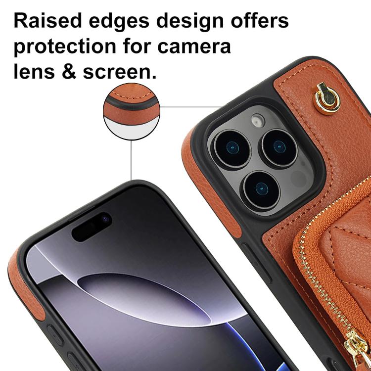 For iPhone 16 AwQuer Crossbody Zipper Wallet Bag Litchi Leather Phone Case(Brown) by Awquer