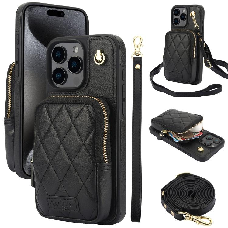 For iPhone 15 Pro AwQuer Crossbody Zipper Wallet Bag Litchi Leather Phone Case(Black) by Awquer