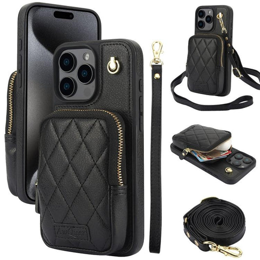 For iPhone 15 Pro AwQuer Crossbody Zipper Wallet Bag Litchi Leather Phone Case(Black) by Awquer