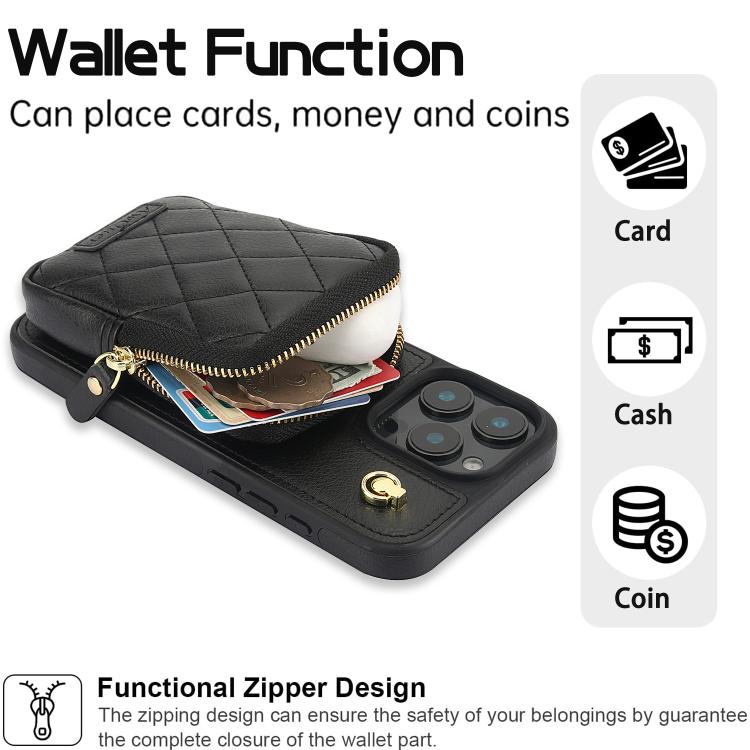 For iPhone 15 Pro AwQuer Crossbody Zipper Wallet Bag Litchi Leather Phone Case(Black) by Awquer
