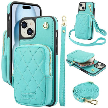 For iPhone 15 Plus AwQuer Crossbody Zipper Wallet Bag Litchi Leather Phone Case(Mint Green) by Awquer