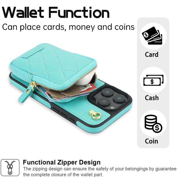 For iPhone 15 Plus AwQuer Crossbody Zipper Wallet Bag Litchi Leather Phone Case(Mint Green) by Awquer