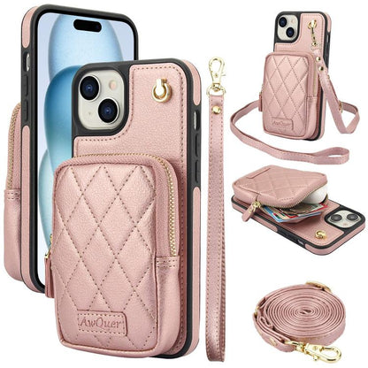 For iPhone 15 AwQuer Crossbody Zipper Wallet Bag Litchi Leather Phone Case(Rose Gold) by Awquer