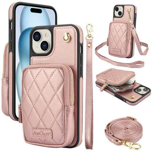 For iPhone 15 AwQuer Crossbody Zipper Wallet Bag Litchi Leather Phone Case(Rose Gold) by Awquer