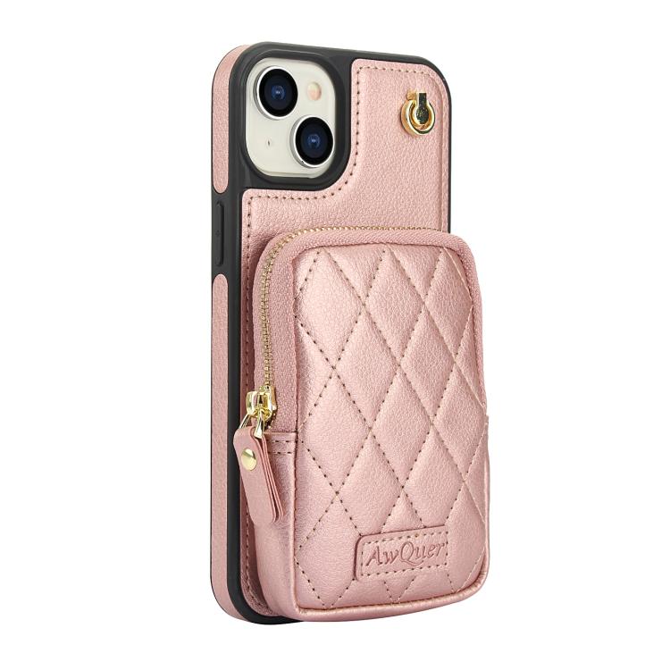 For iPhone 15 AwQuer Crossbody Zipper Wallet Bag Litchi Leather Phone Case(Rose Gold) by Awquer