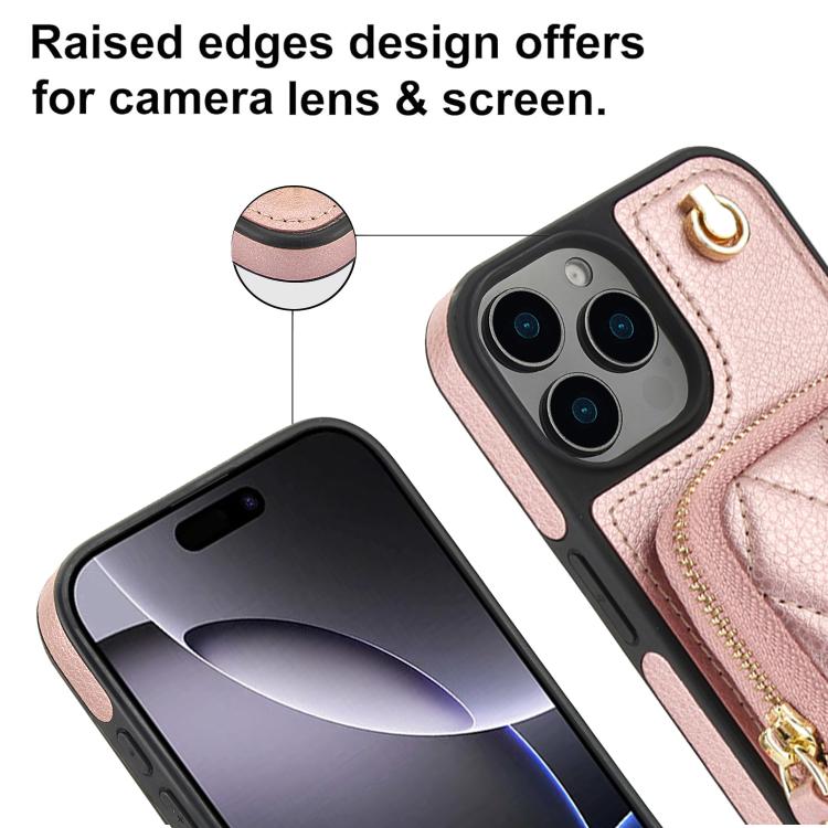 For iPhone 15 AwQuer Crossbody Zipper Wallet Bag Litchi Leather Phone Case(Rose Gold) by Awquer