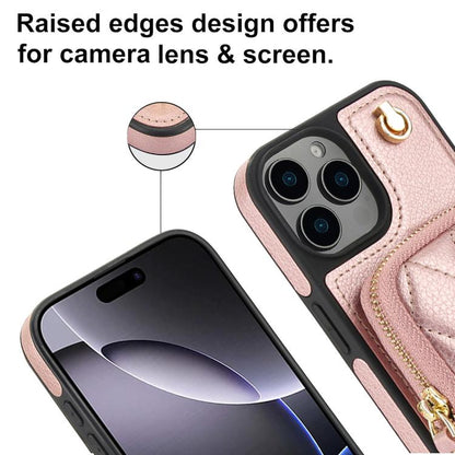 For iPhone 15 AwQuer Crossbody Zipper Wallet Bag Litchi Leather Phone Case(Rose Gold) by Awquer