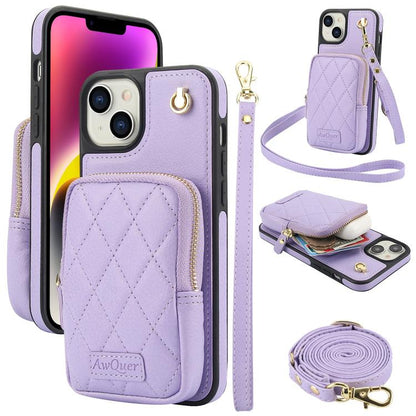 For iPhone 14 Plus AwQuer Crossbody Zipper Wallet Bag Litchi Leather Phone Case(Light Purple) by Awquer