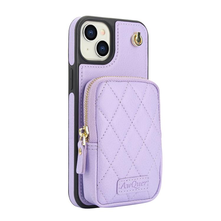 For iPhone 14 Plus AwQuer Crossbody Zipper Wallet Bag Litchi Leather Phone Case(Light Purple) by Awquer