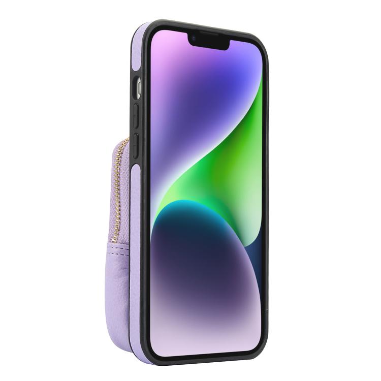 For iPhone 14 Plus AwQuer Crossbody Zipper Wallet Bag Litchi Leather Phone Case(Light Purple) by Awquer