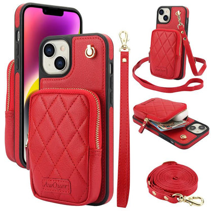 For iPhone 14 / 13 AwQuer Crossbody Zipper Wallet Bag Litchi Leather Phone Case(Red) by Awquer