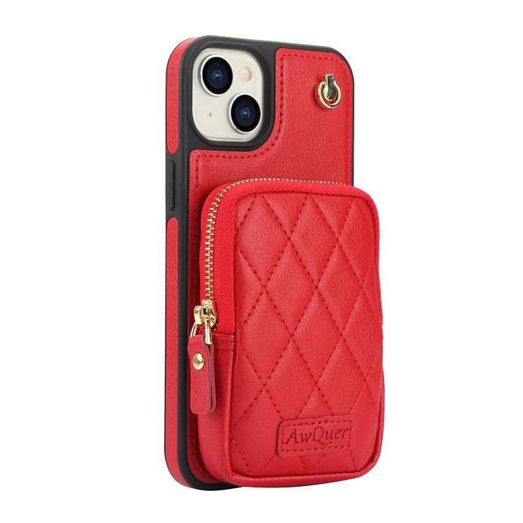 For iPhone 14 / 13 AwQuer Crossbody Zipper Wallet Bag Litchi Leather Phone Case(Red) by Awquer