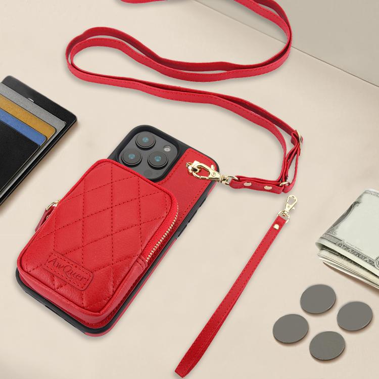For iPhone 14 / 13 AwQuer Crossbody Zipper Wallet Bag Litchi Leather Phone Case(Red) by Awquer