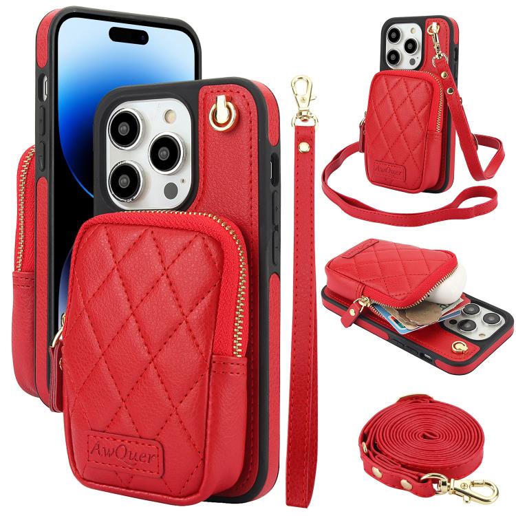 For iPhone 14 Pro AwQuer Crossbody Zipper Wallet Bag Litchi Leather Phone Case(Red) by Awquer