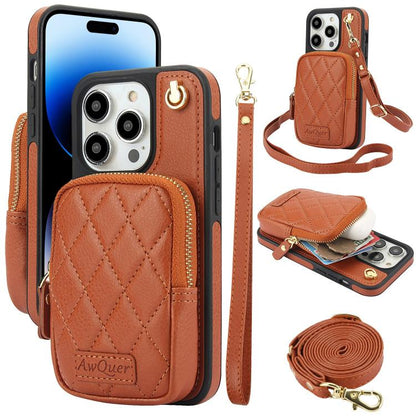 For iPhone 14 Pro Max AwQuer Crossbody Zipper Wallet Bag Litchi Leather Phone Case(Brown) by Awquer