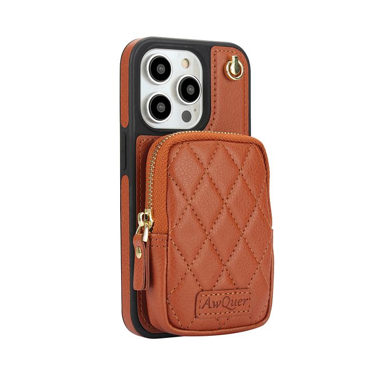 For iPhone 14 Pro Max AwQuer Crossbody Zipper Wallet Bag Litchi Leather Phone Case(Brown) by Awquer