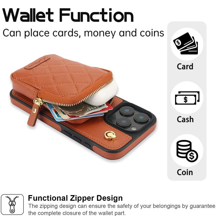 For iPhone 14 Pro Max AwQuer Crossbody Zipper Wallet Bag Litchi Leather Phone Case(Brown) by Awquer