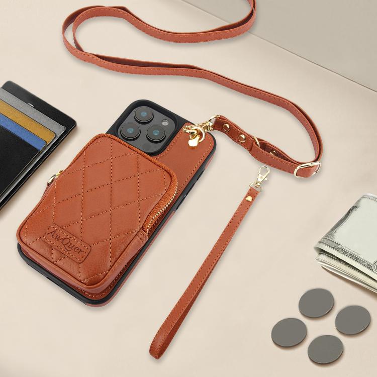 For iPhone 14 Pro Max AwQuer Crossbody Zipper Wallet Bag Litchi Leather Phone Case(Brown) by Awquer