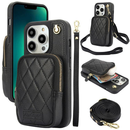 For iPhone 13 Pro Max AwQuer Crossbody Zipper Wallet Bag Litchi Leather Phone Case(Black) by Awquer