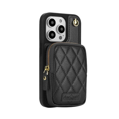 For iPhone 13 Pro Max AwQuer Crossbody Zipper Wallet Bag Litchi Leather Phone Case(Black) by Awquer