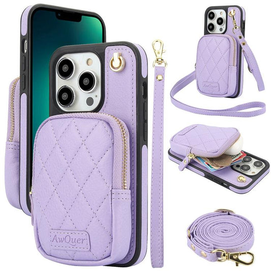 For iPhone 13 Pro AwQuer Crossbody Zipper Wallet Bag Litchi Leather Phone Case(Light Purple) by Awquer