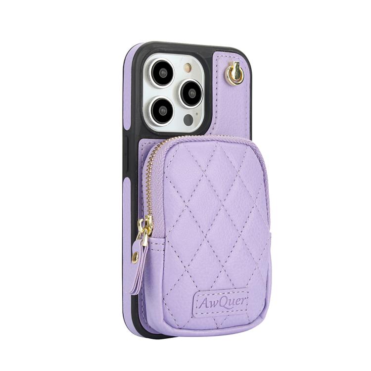 For iPhone 13 Pro AwQuer Crossbody Zipper Wallet Bag Litchi Leather Phone Case(Light Purple) by Awquer