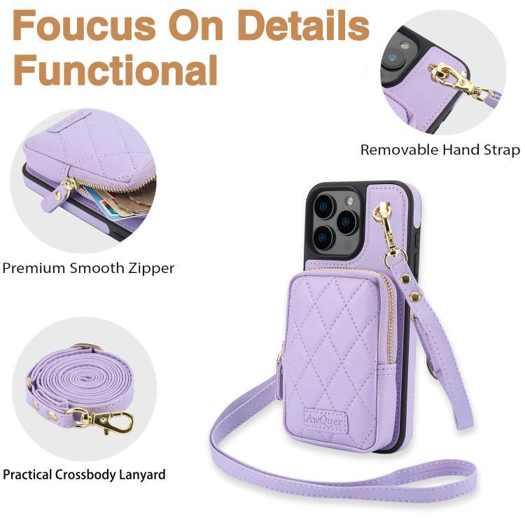 For iPhone 13 Pro AwQuer Crossbody Zipper Wallet Bag Litchi Leather Phone Case(Light Purple) by Awquer