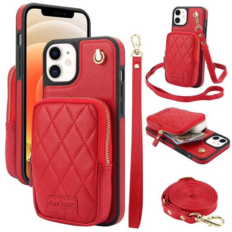 For iPhone 12 / 12 Pro AwQuer Crossbody Zipper Wallet Bag Litchi Leather Phone Case(Red) by Awquer