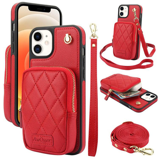 For iPhone 12 / 12 Pro AwQuer Crossbody Zipper Wallet Bag Litchi Leather Phone Case(Red) by Awquer