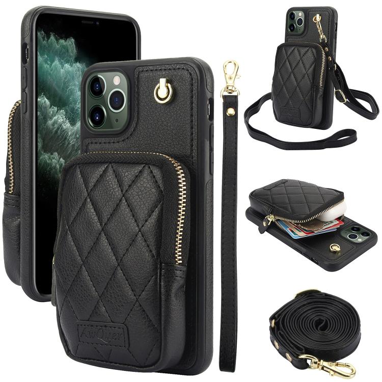 For iPhone 11 Pro Max AwQuer Crossbody Zipper Wallet Bag Litchi Leather Phone Case(Black) by Awquer