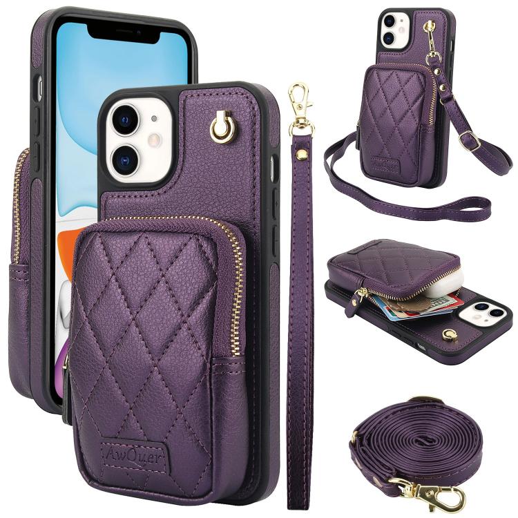 For iPhone 11 AwQuer Crossbody Zipper Wallet Bag Litchi Leather Phone Case(Dark Purple) by Awquer