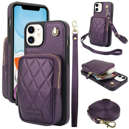 For iPhone 11 AwQuer Crossbody Zipper Wallet Bag Litchi Leather Phone Case(Dark Purple) by Awquer