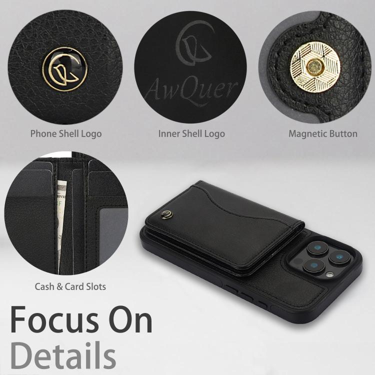 For iPhone 16 Pro Max AwQuer Horizontal Flip Card Bag Holder Leather Phone Case(Black) by Awquer