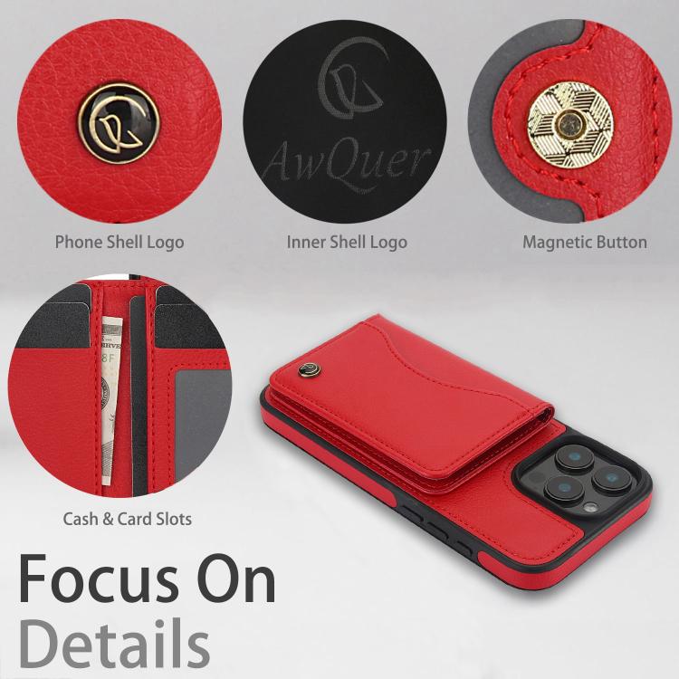 For iPhone 16 Pro AwQuer Horizontal Flip Card Bag Holder Leather Phone Case(Red) by Awquer