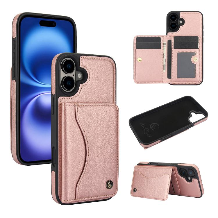 For iPhone 16 Plus AwQuer Horizontal Flip Card Bag Holder Leather Phone Case(Rose Gold) by Awquer