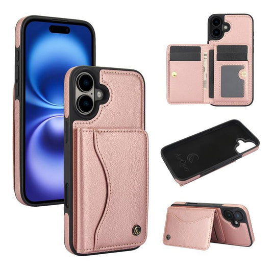 For iPhone 16 Plus AwQuer Horizontal Flip Card Bag Holder Leather Phone Case(Rose Gold) by Awquer