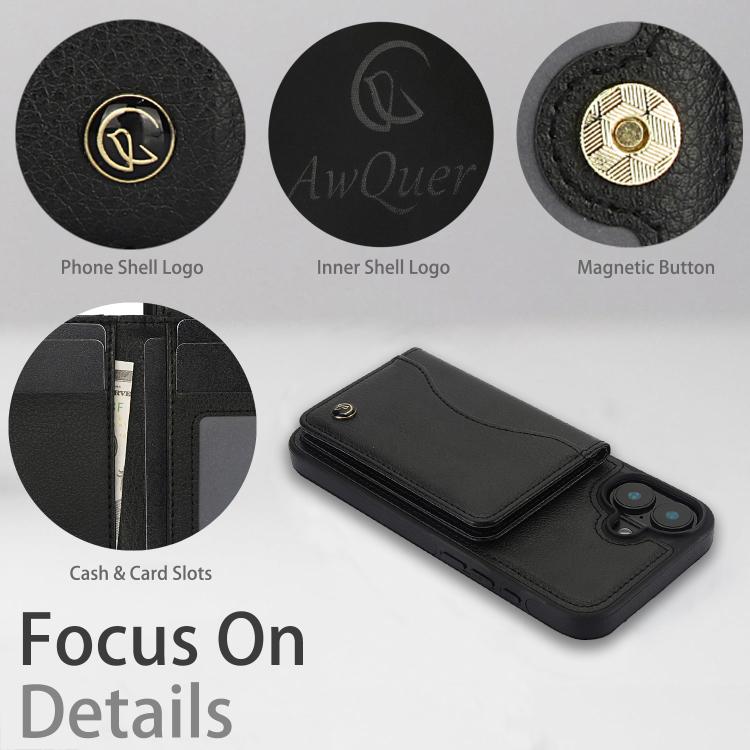 For iPhone 16 AwQuer Horizontal Flip Card Bag Holder Leather Phone Case(Black) by Awquer