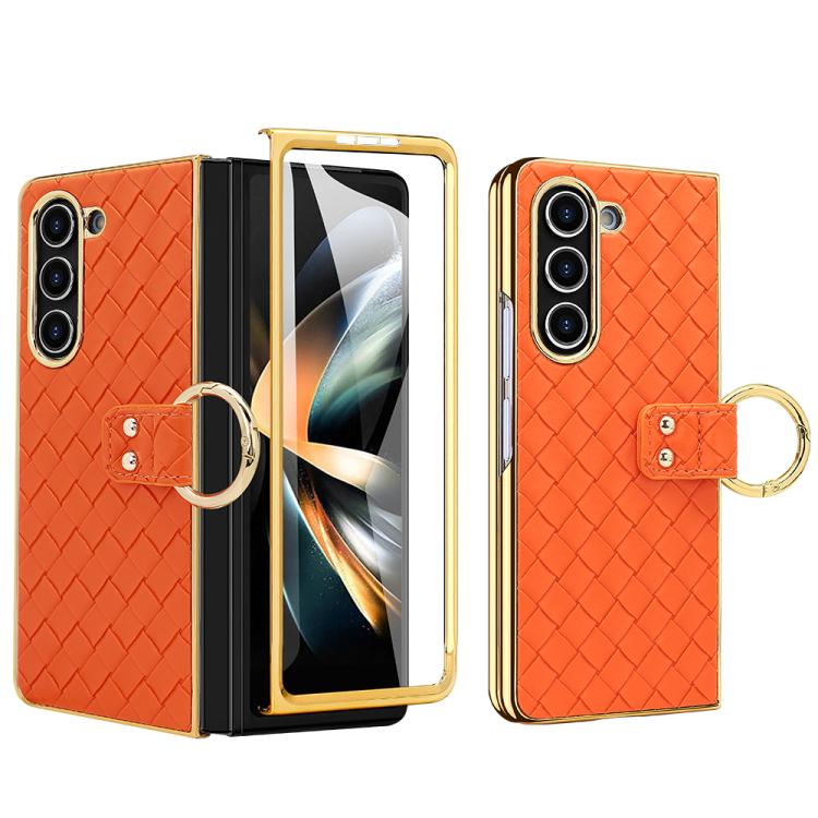 For Samsung Galaxy Z Fold5 VIETAO Woven Leather Metal Ring Phone Case(Orange) by VIETAO