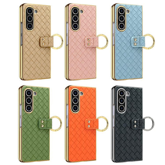 For Samsung Galaxy Z Fold6 VIETAO Woven Leather Metal Ring Phone Case(Gold) by VIETAO
