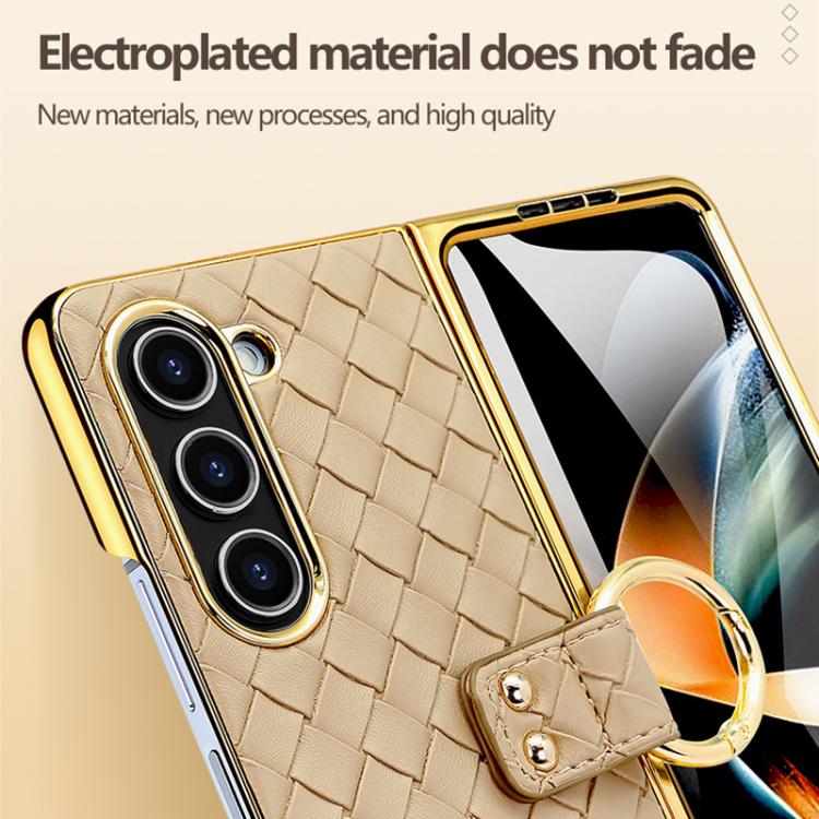 For Samsung Galaxy Z Fold6 VIETAO Woven Leather Metal Ring Phone Case(Gold) by VIETAO
