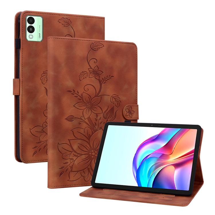 For Tecno Megapad 11 Lily Embossed Leather Tablet Case(Brown) by bashfashion