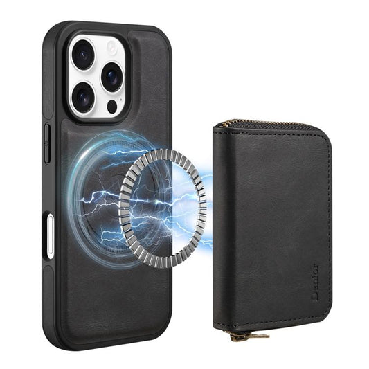 For iPhone 16 Pro Max Denior D26 Skin Feel MagSafe Zipper Bag Leather Phone Case(Black) by Denior