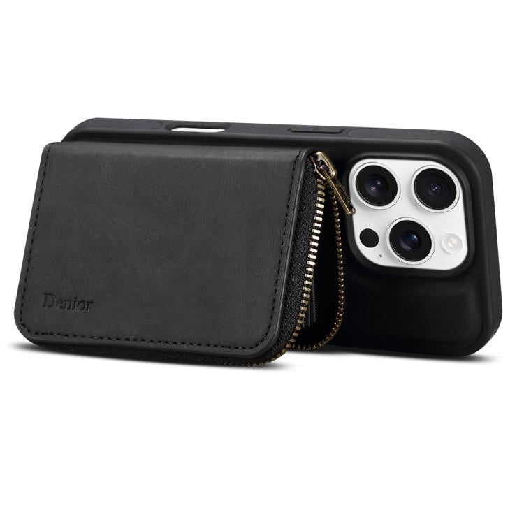 For iPhone 16 Pro Max Denior D26 Skin Feel MagSafe Zipper Bag Leather Phone Case(Black) by Denior