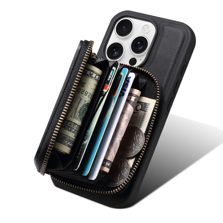 For iPhone 16 Pro Max Denior D26 Skin Feel MagSafe Zipper Bag Leather Phone Case(Black) by Denior